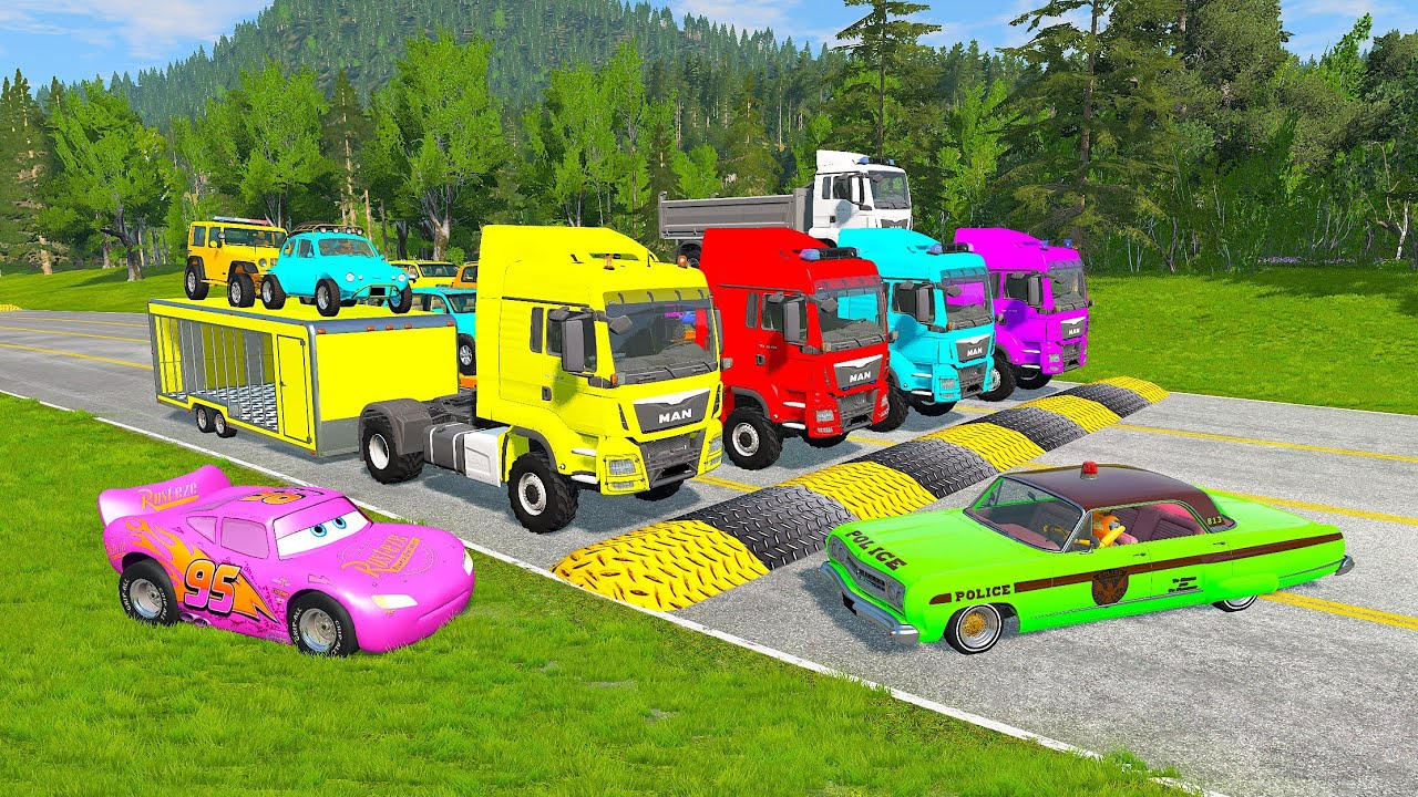 Flatbed Truck Mcqueen | Transportation with Truck - Pothole vs Car #1 - BeamNG.Drive