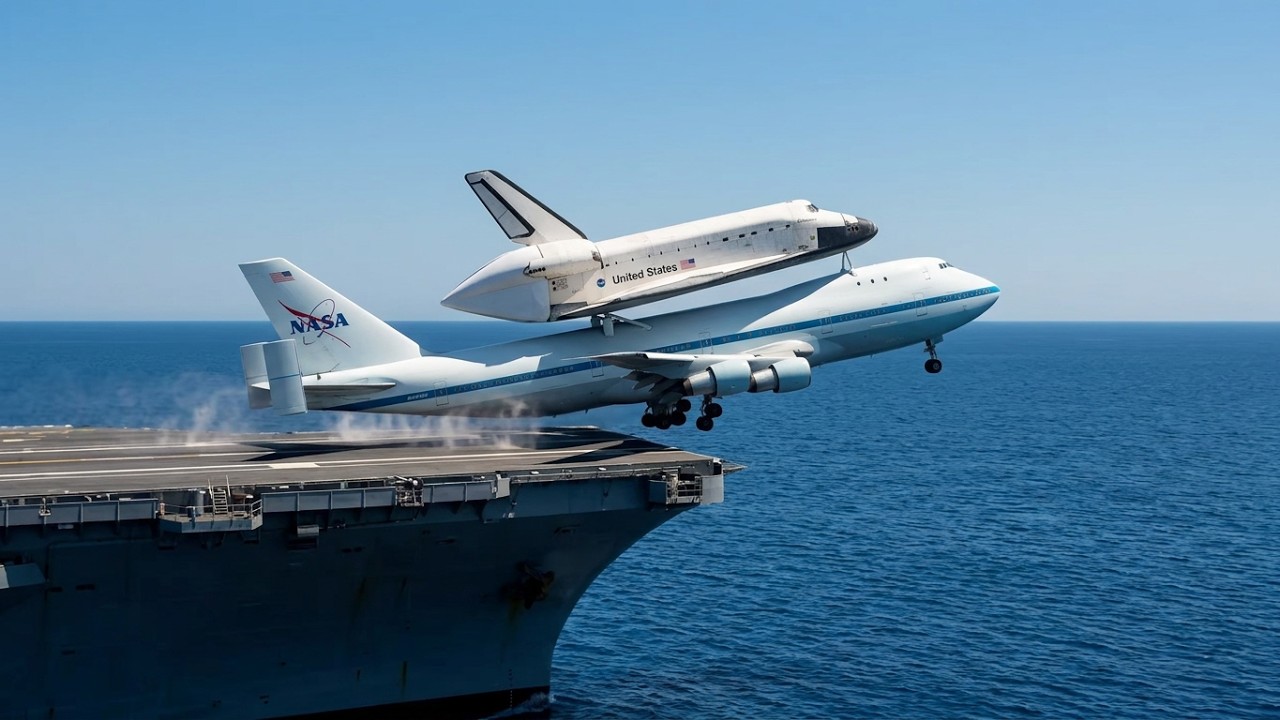 Very Rare! Shuttle Carrier Aircraft 747 of Nasa Takeoff from an Aircraft Carrier
