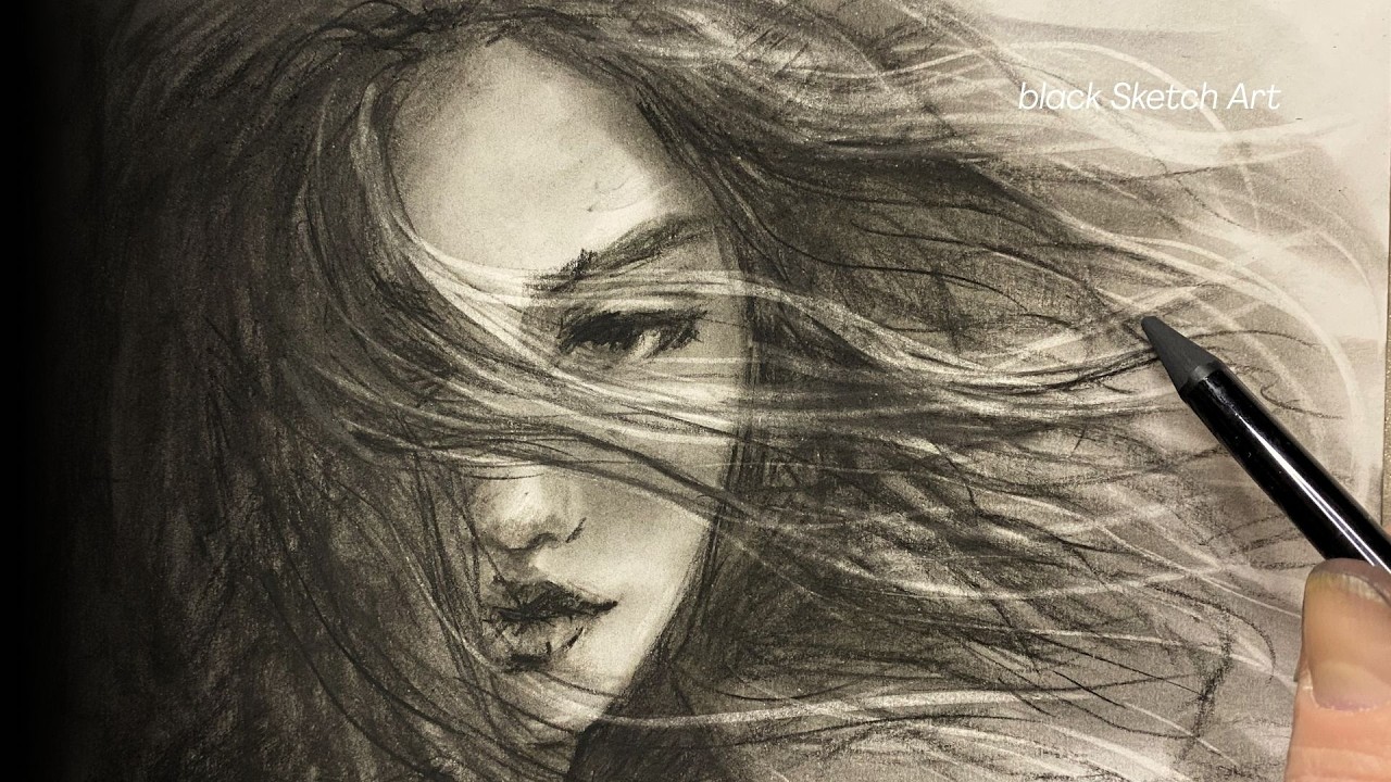 Moody Charcoal Sketch | Girl with Windblown Hair