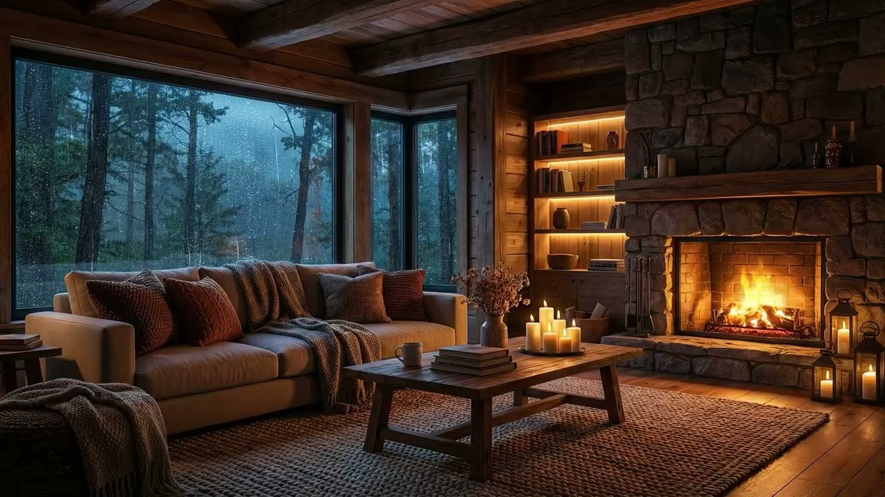 Cozy Cabin in Rainy Forest Night with Fireplace | Relaxing Rain Ambience for Sleep & Study