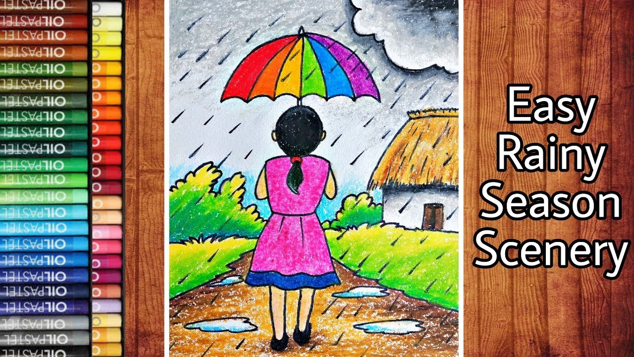 VERY EASY RAINY SEASON SCENERY DRAWING FOR BEGINNERS | A GIRL WALKING IN THE RAIN WITH OIL PASTEL