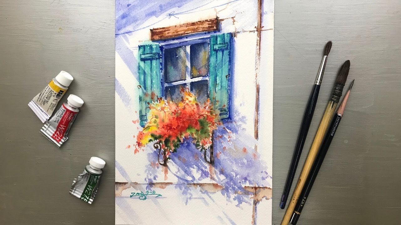 Watercolor Painting - Flowers on the Windowsill for Beginners
