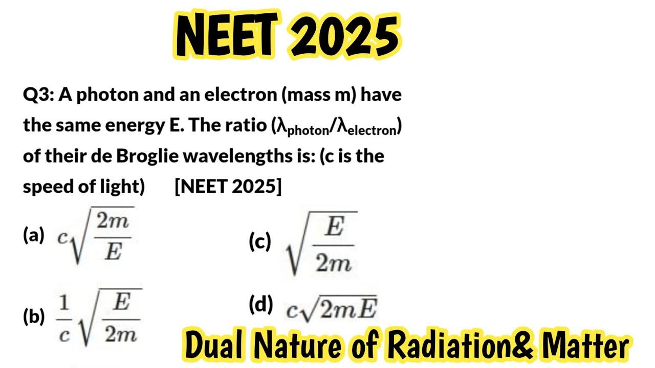 A photon  and an electron have the same energy E ratio of (λphoton/λelectron ) of their de broglie 
