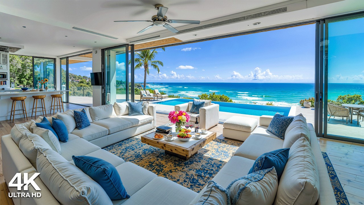 Positive Morning Jazz at a Beach House Ambience 🌊 Upbeat Bossa Nova & Gentle Ocean Waves for Working
