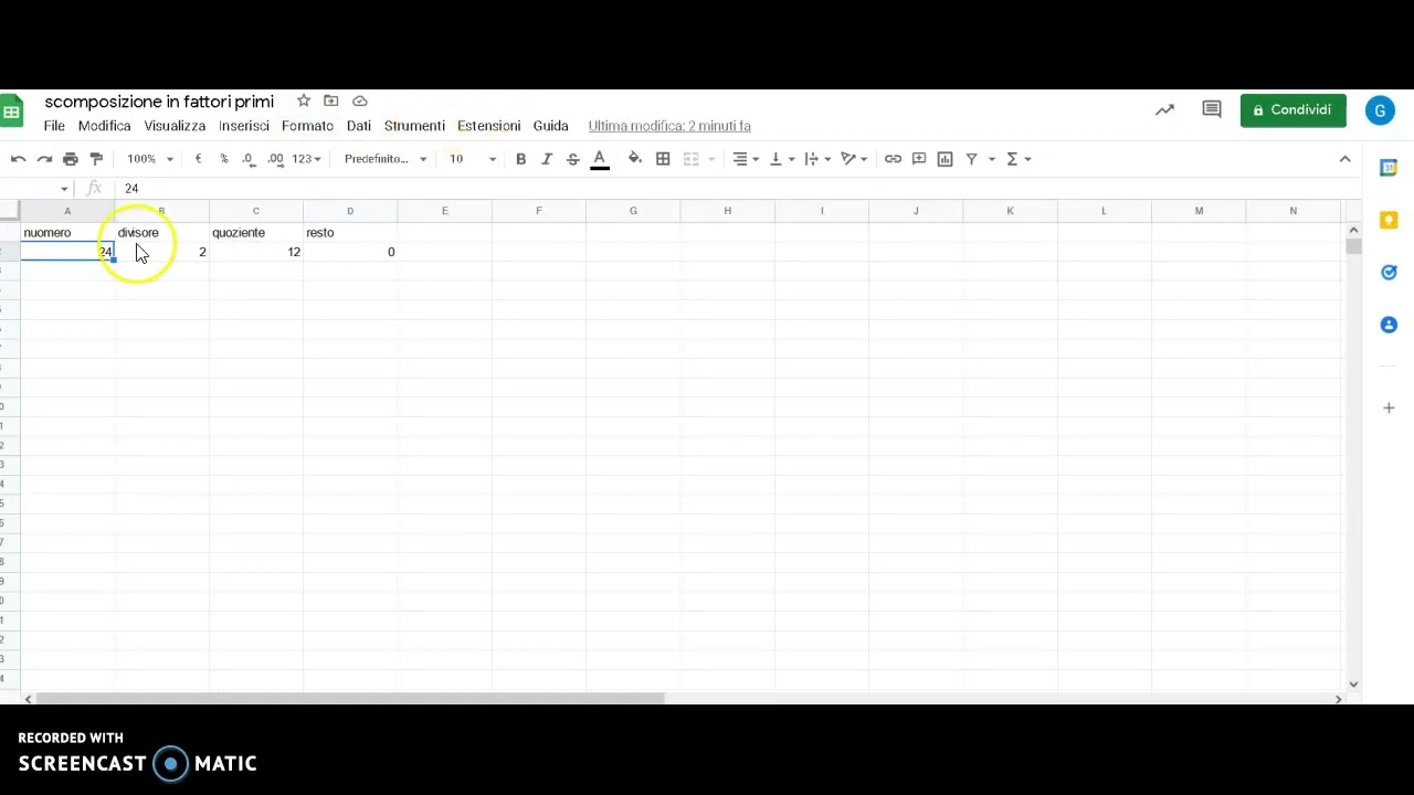 Google fogli excel :scomposizione in fattori primi del numero 24