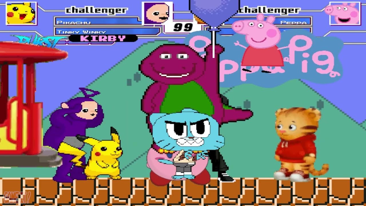 Pikachu, Tinky Winky, Gumball & Kirby versus Peppa Pig, Daniel Tiger, Barney & Slenderman