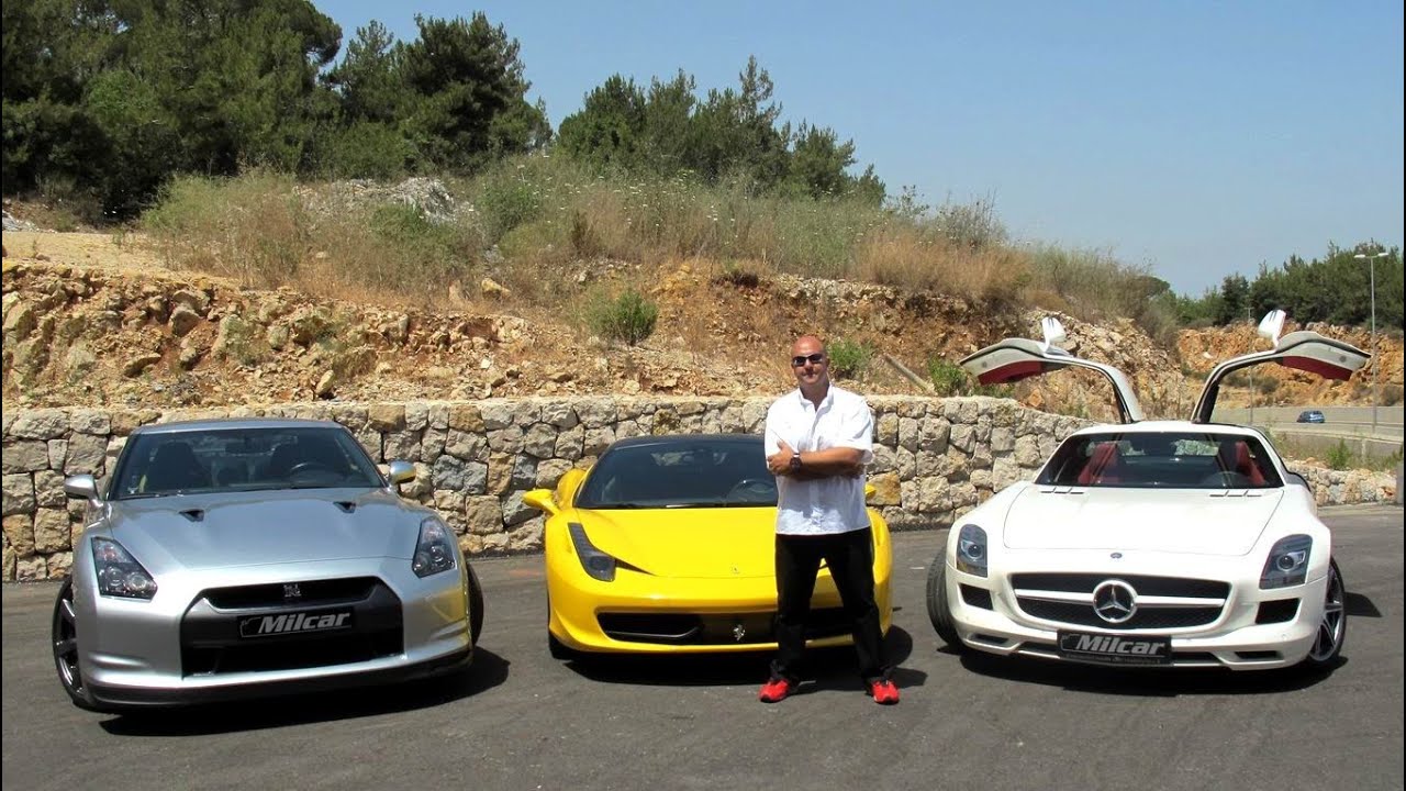 Ferrari 458 vs. Nissan GT-R vs. Mercedes SLS مقارنة فيراري 458 و نيسان جي تي ار و مرسيدس