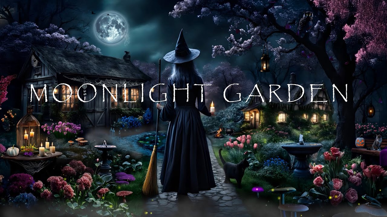 MOONLIGHT GARDEN-WITCH SPRING COTTAGE AMBIENCE-FIREFLIES-CRACKLING FIRE-WATER FOUNTAIN-COZY ASMR