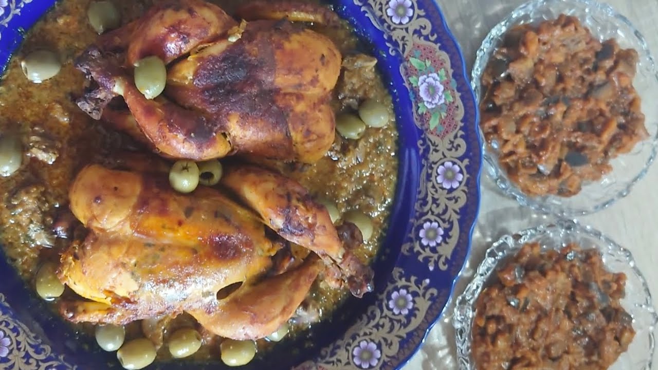 Hähnchen/Poulet/Chicken Al' a Maroccaine &  Zaalouk(Auberginenpaste) دجاج محمر&زعلوق