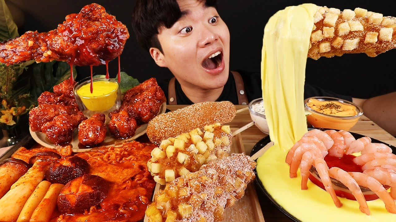 ASMR MUKBANG 버섯 떡볶이 & 치즈 퐁듀 & 양념 치킨먹방! FIRE Noodle & FRIED CHICKEN & CHEESE STICK EATING SOUND!