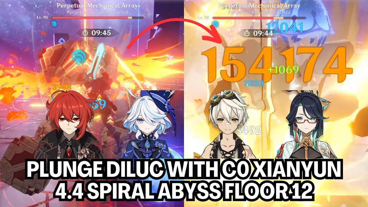 Plunge Diluc with C0 Xianyun | 4.4 Spiral Abyss Floor 12 Both Halves | Genshin Impact | Day 1 F2P