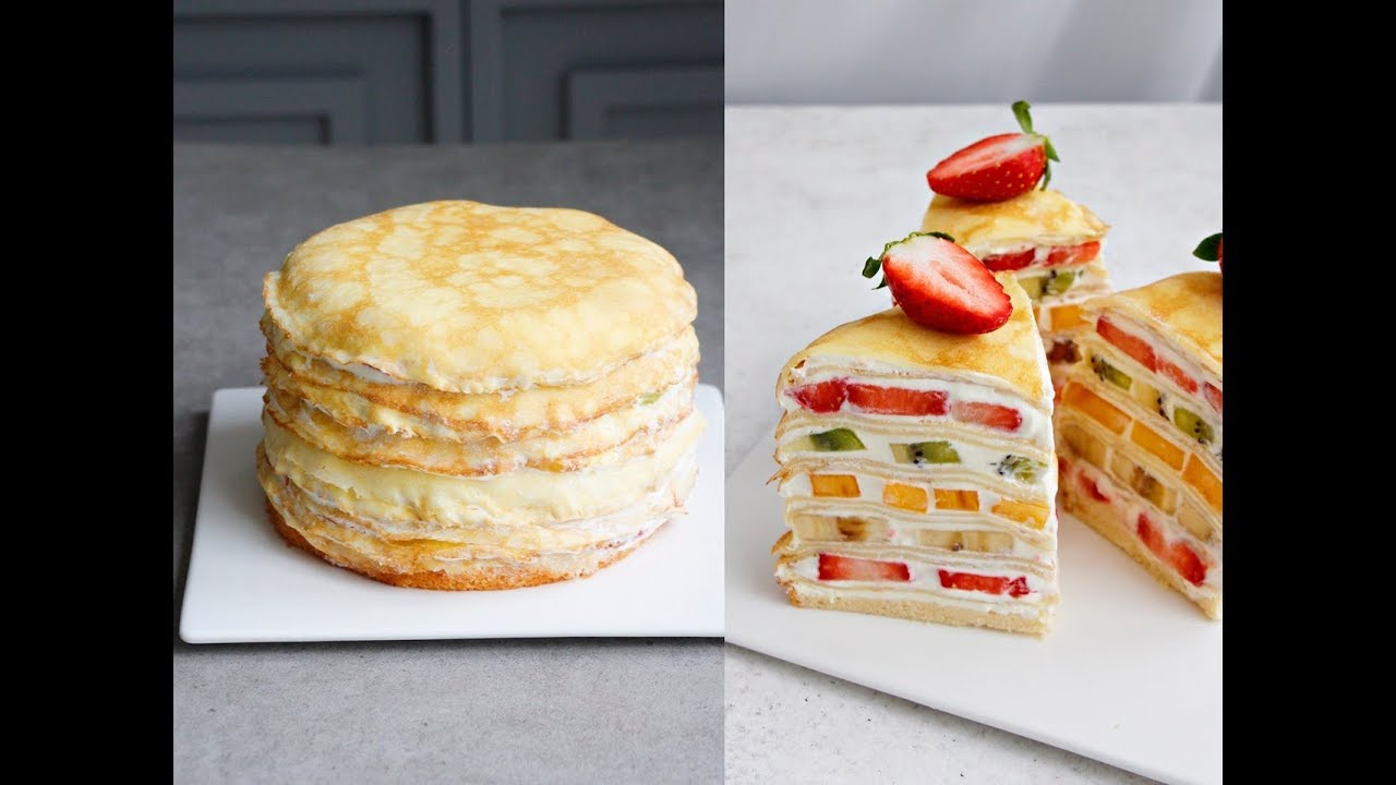 (노오븐) 이보다 부드러울순 없는 생과일 크레이프 케이크 만들기 :  Fruits crepe cake : フルーツクレープケーキ｜Brechel