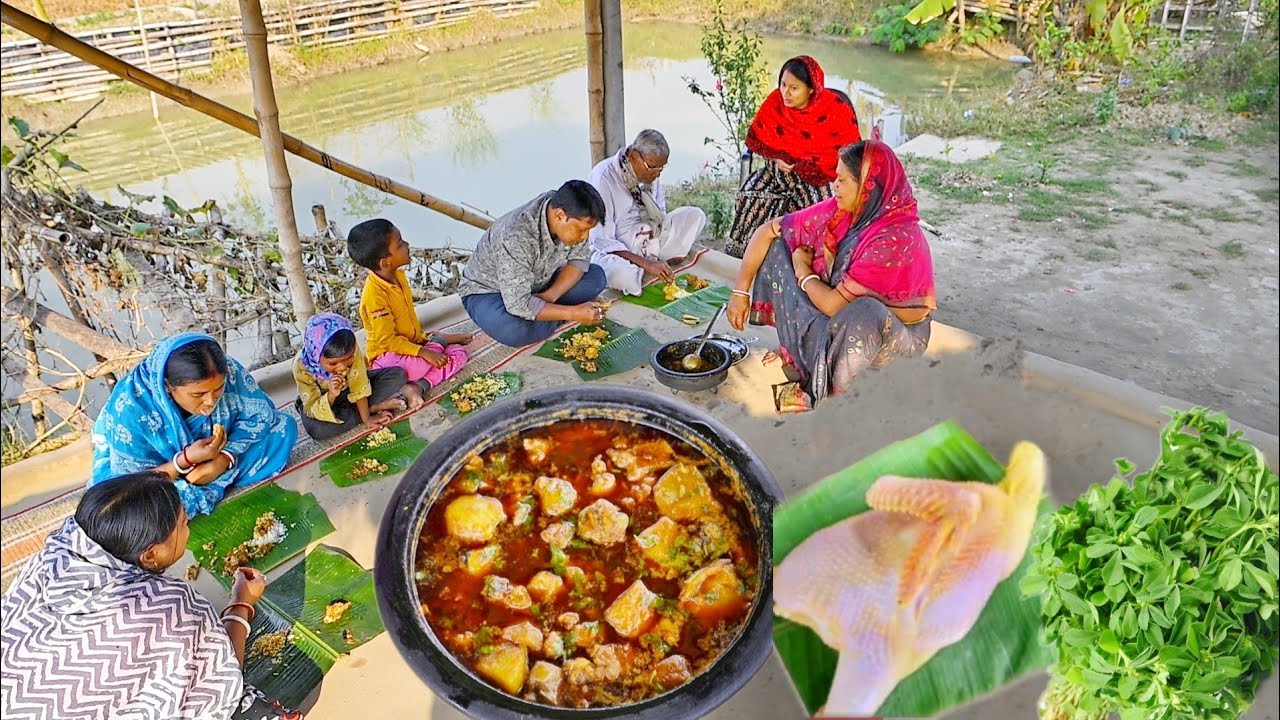 গ্রাম্য পদ্ধতিতে মাটির চুলায় মুরগির মাংস রান্না সাথে মেথিশাক ভাজা || methi chicken curry recipe