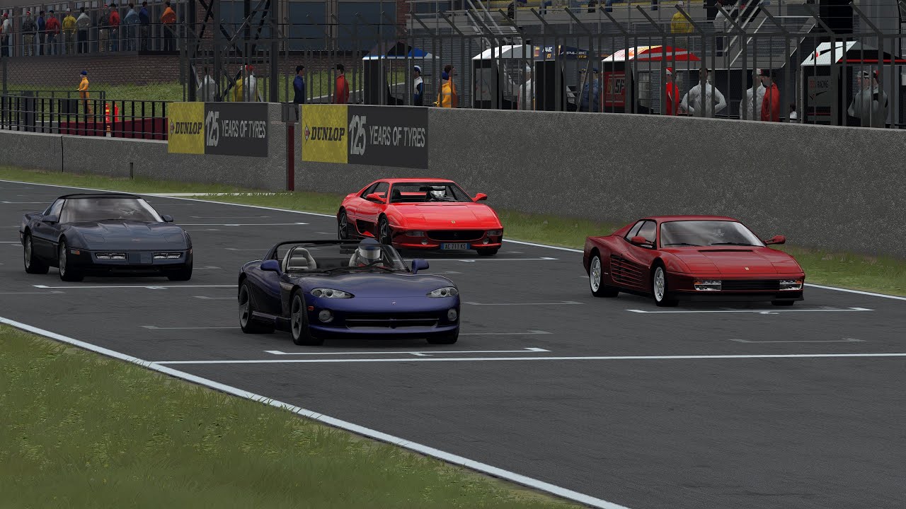 Ferrari Testarossa VS Ferrari F355 VS Dodge Viper RT/10 VS Chevrolet Corvette C4 ZR1 At Donnington