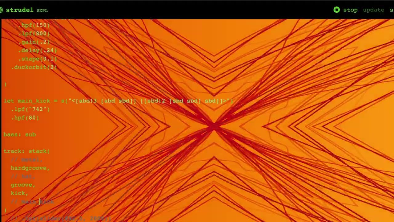 Livecoding Minimal Hardgroove Techno — Strudel + Hydra