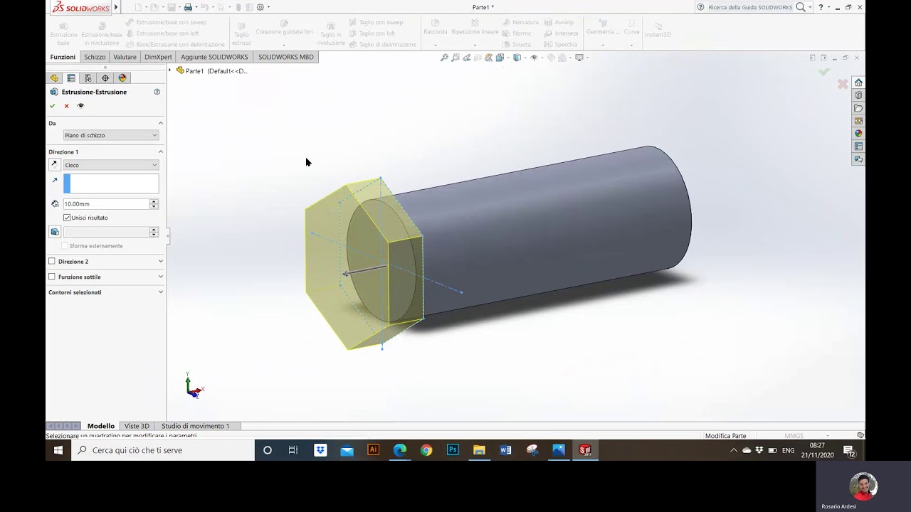 modellazione Solidworks di un perno forato con testa esagonale