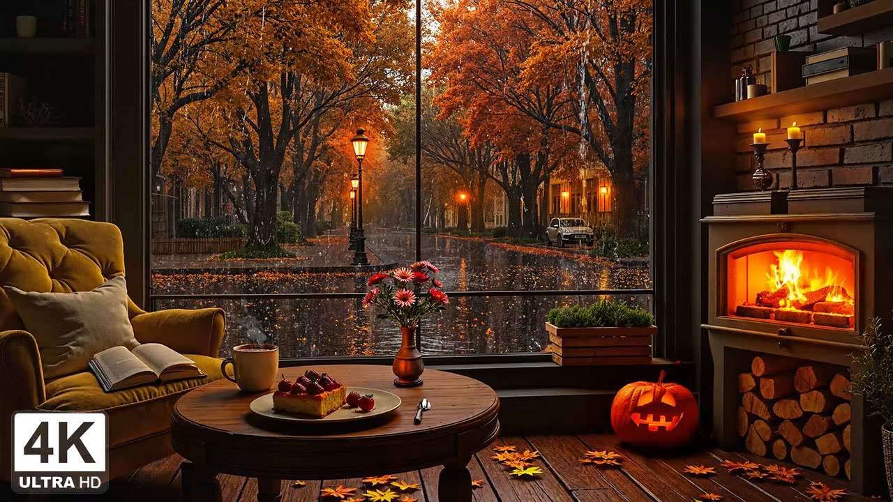 Warm Autumn Fireplace & Rainy Street 🍂 Gentle Jazz with Caf&eacute; Ambience for Study, Work & Calm Nights
