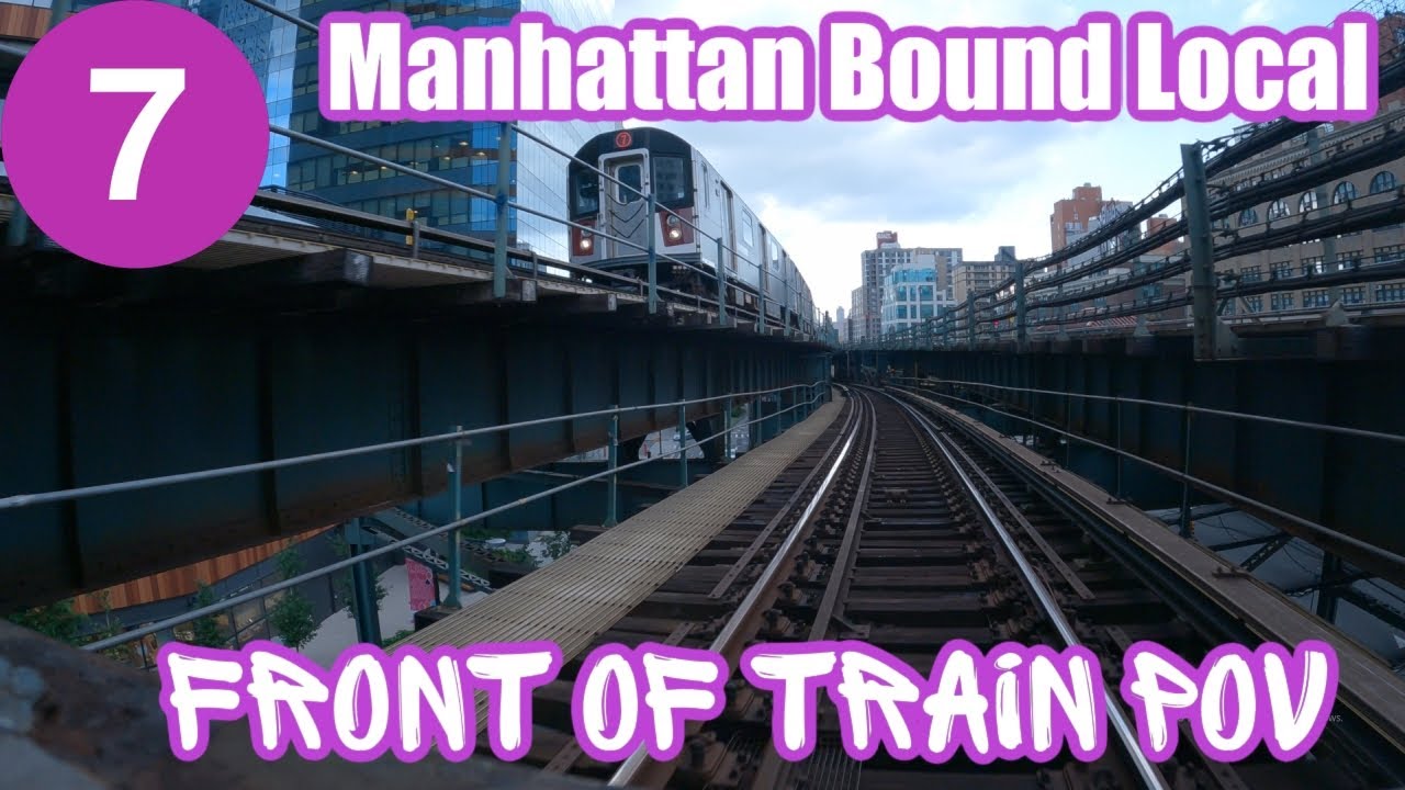 Full Length Front of Train Ride On Manhattan Bound R188 (7) Local Train With Howling Motor