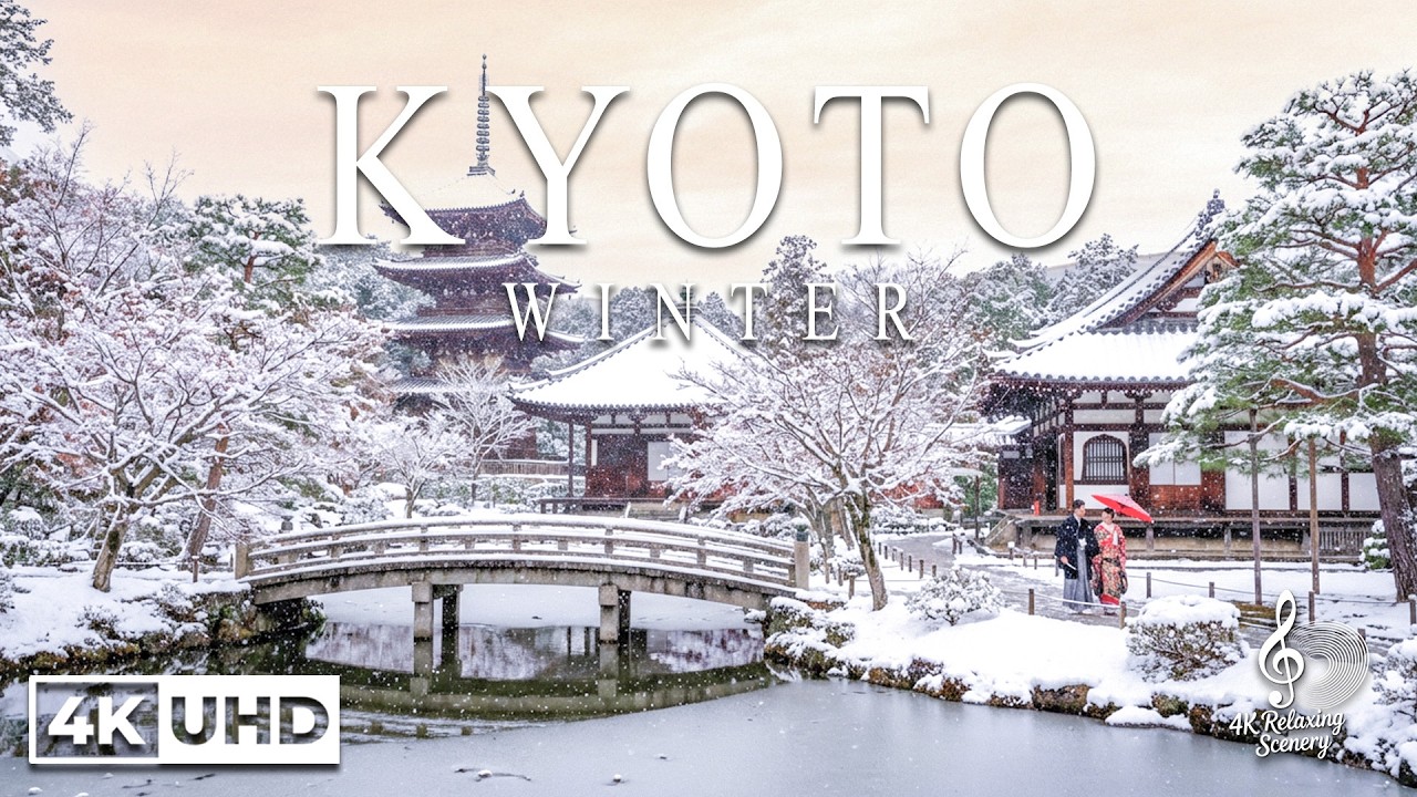 Киото, Япония, зима, 4K — Заснеженные храмы, сады дзен.
