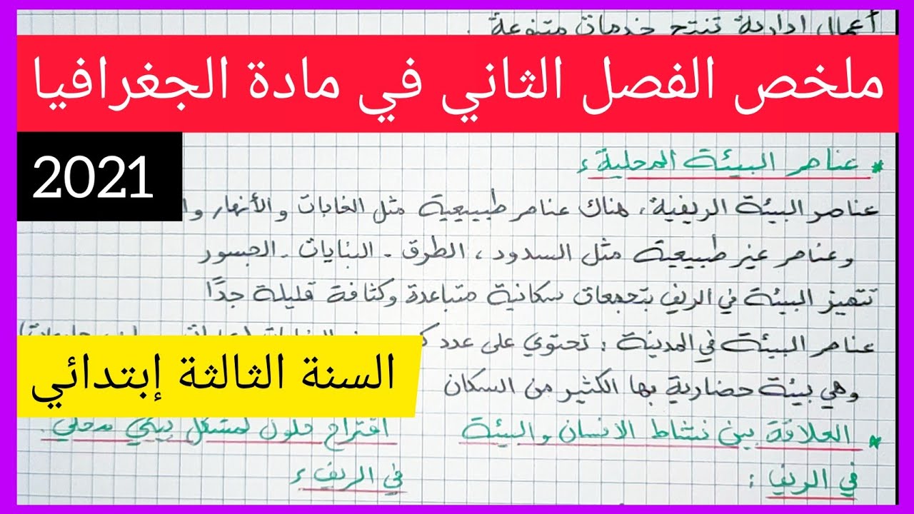 ملخص الفصل الثاني في مادة الجغرافيا للسنة الثالثة إبتدائي 2021