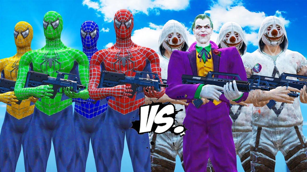 SPIDER-MAN, GREEN SPIDERMAN, BLUE SPIDERMAN, YELLOW SPIDERMAN VS JOKER & JOKER THUGS