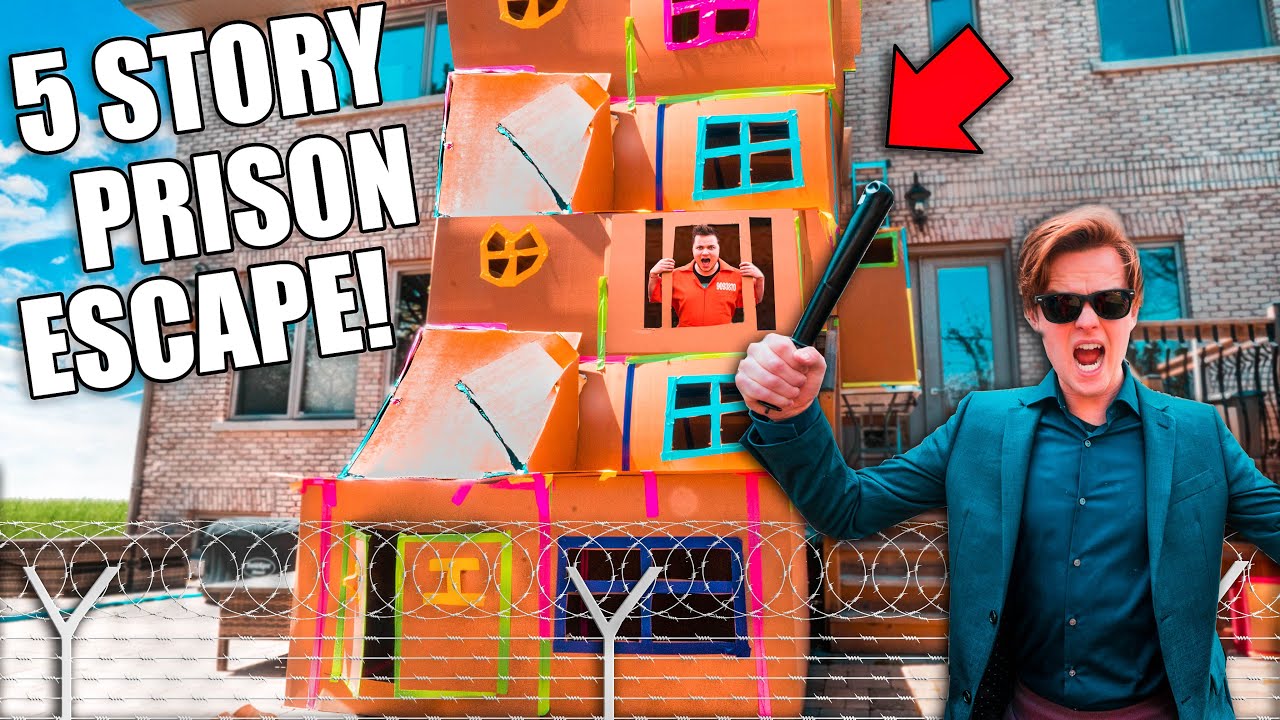 BIGGEST 5 STORY BOX FORT PRISON ESCAPE! 50FT TALL! SNEAKING By COPS 😱📦