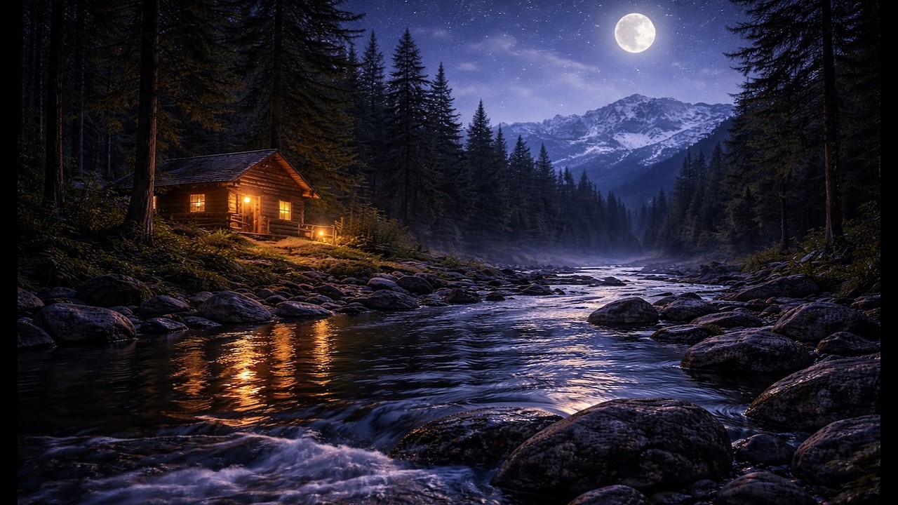 Mountain Cabin by Moonlit Stream — 12 Hours of Deep Sleep Ambience Soft Creek Sounds