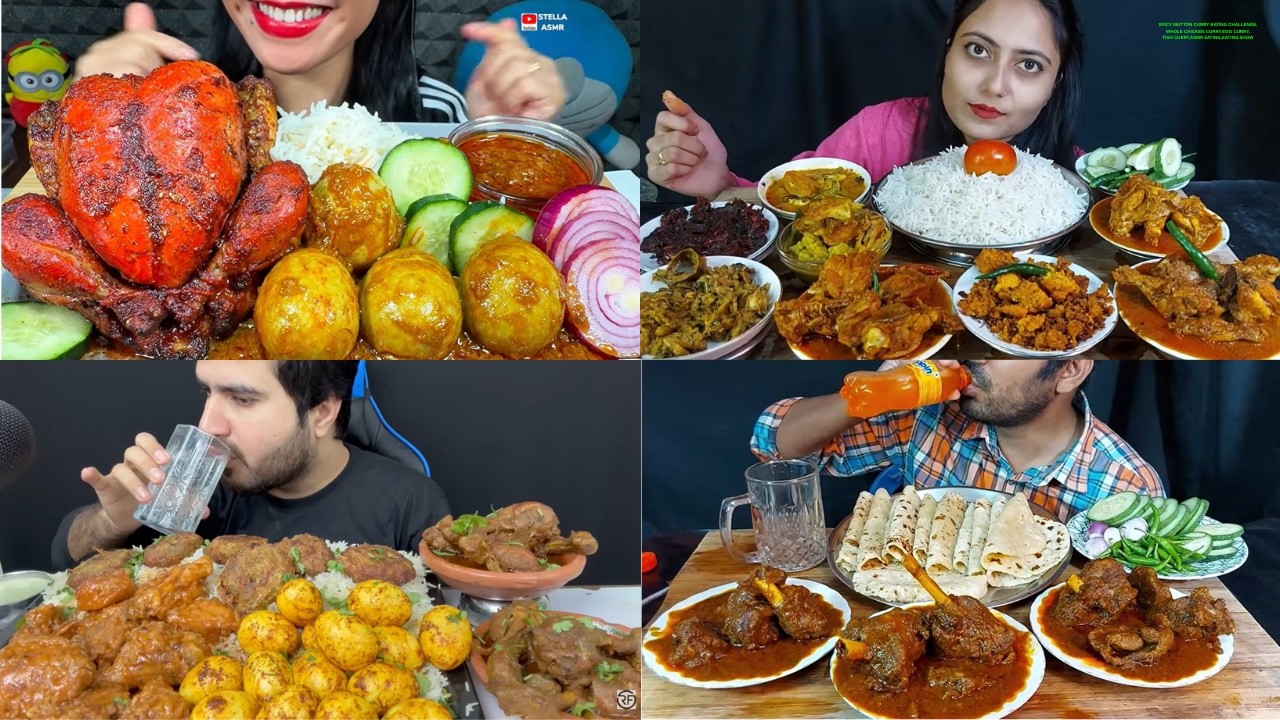 SPICY MUTTON CURRY EATING CHALLENGE,WHOLE CHICKEN CURRY,EGG CURRY,FISH CURRY,ASMR EATING,EATING SHOW