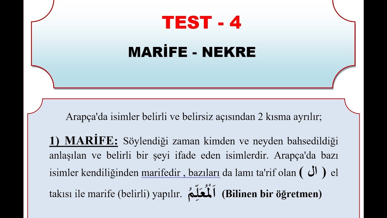 Arapça Nahiv Soruları 6 / TEST 4 / MARİFE - NEKRE