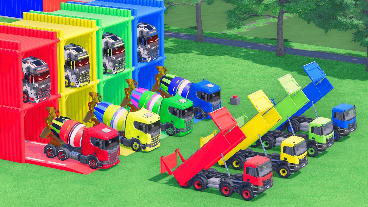 Garage with Colors - ALL MIXER TRUCK WITH DOUBLE FLATBED TRAILER TRUCK, VOLVO, SCANIA, IVECO, FS22