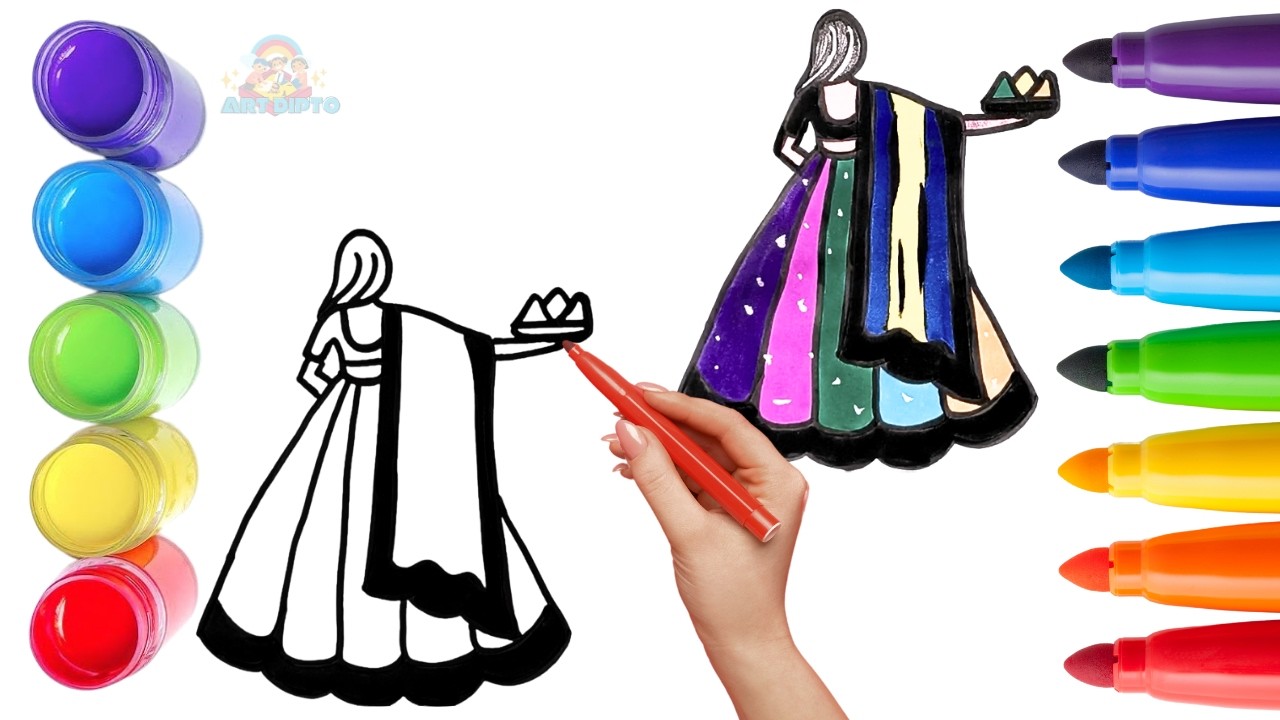 How To Draw cute Girl with Holi colour Drawing, Painting & Coloring For Kids and Toddlers_🌈🎨