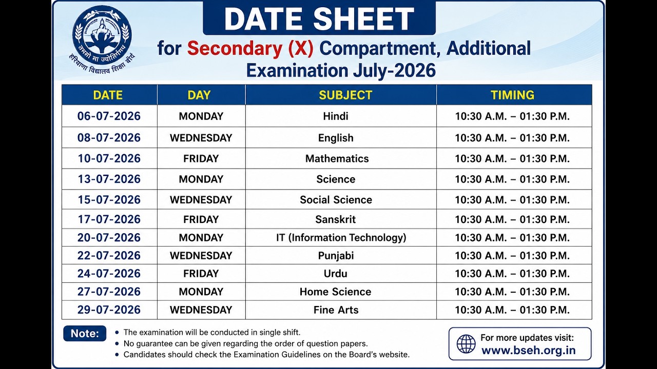 HBSE 10th Date Sheet 2026  | Secondary (X) Additional Exam July 2026 Date Sheet | BSEH