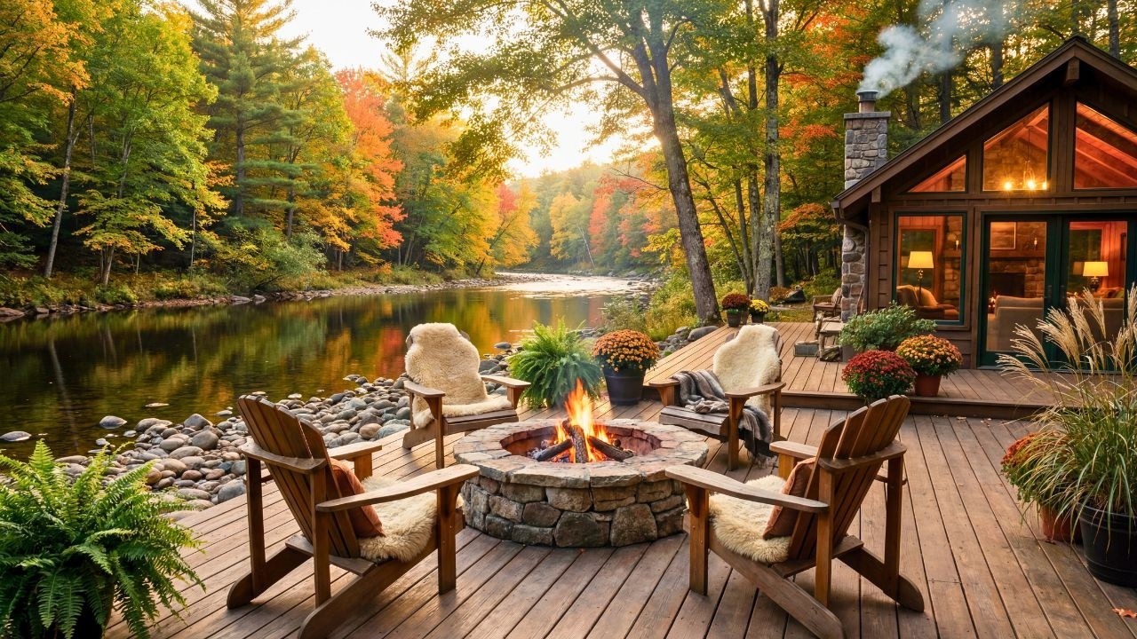 Crisp Morning by the Riverside Cabin Porch | Campfire, Birds & Water Sounds 🌸 Spring Nature Ambience