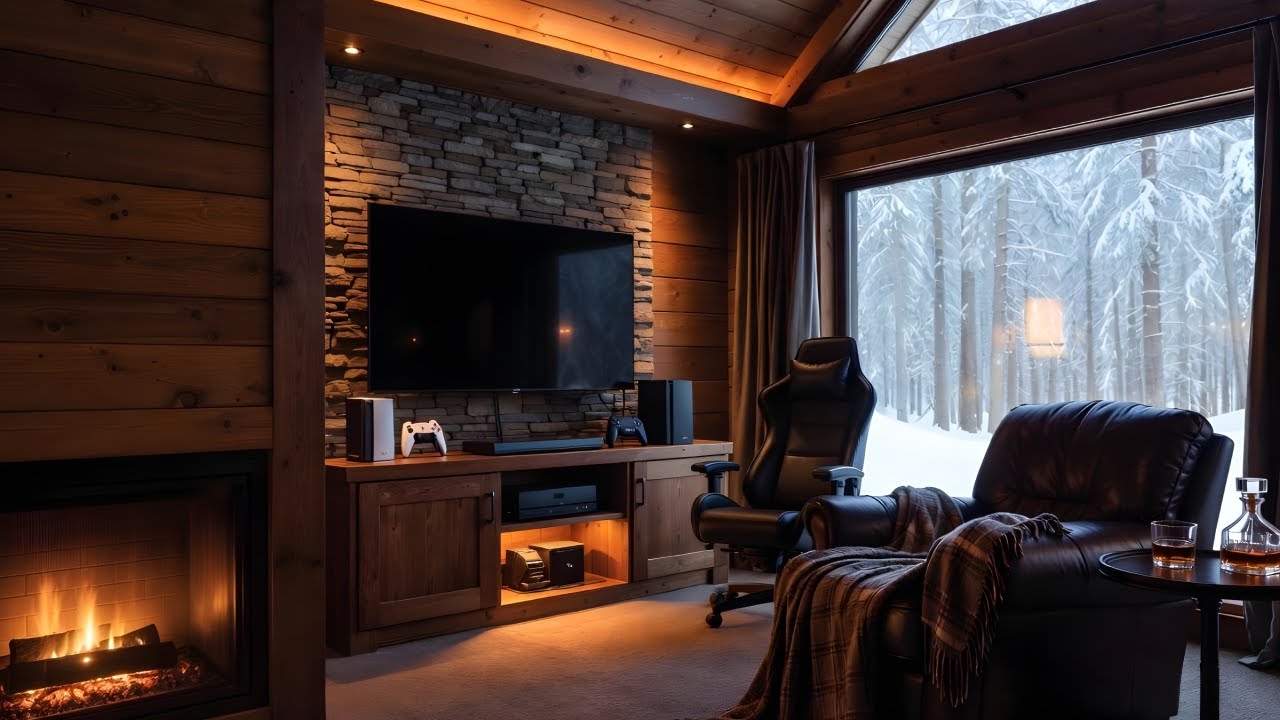Luxury Winter Gaming Hideout | Cozy Fireplace Ambience