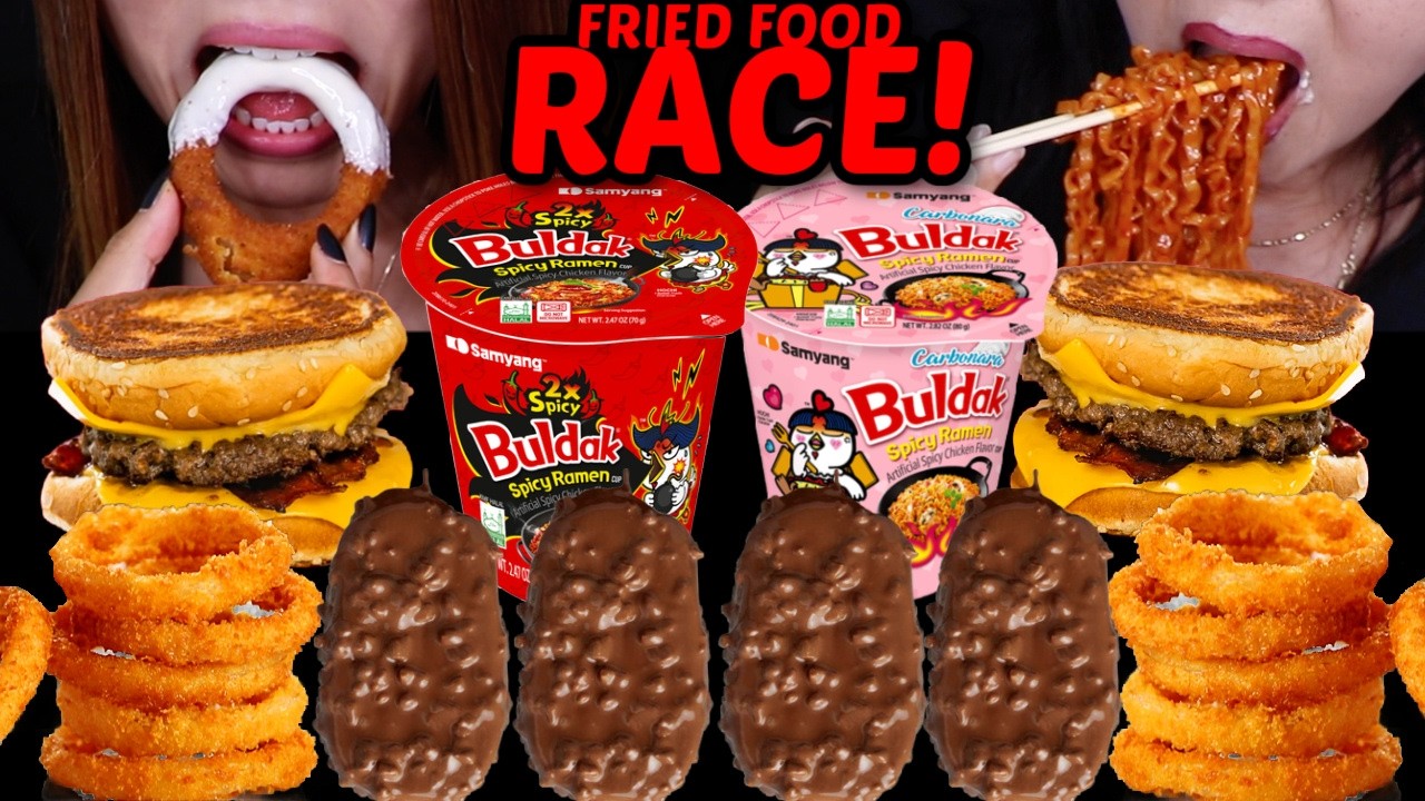 ASMR FRIED FOOD BURGER FEAST! 10X spicy Buldak noodles, crunchy onion rings, chocolate ice cream 먹방