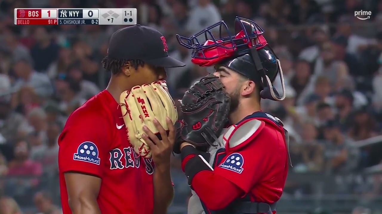 Connor Wong jump scares Brayan Bello when he sneaks up on him during a mound visit