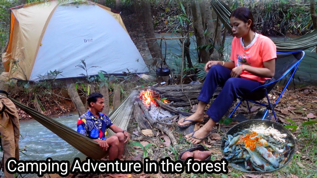 Camping adventure at night, searching for food