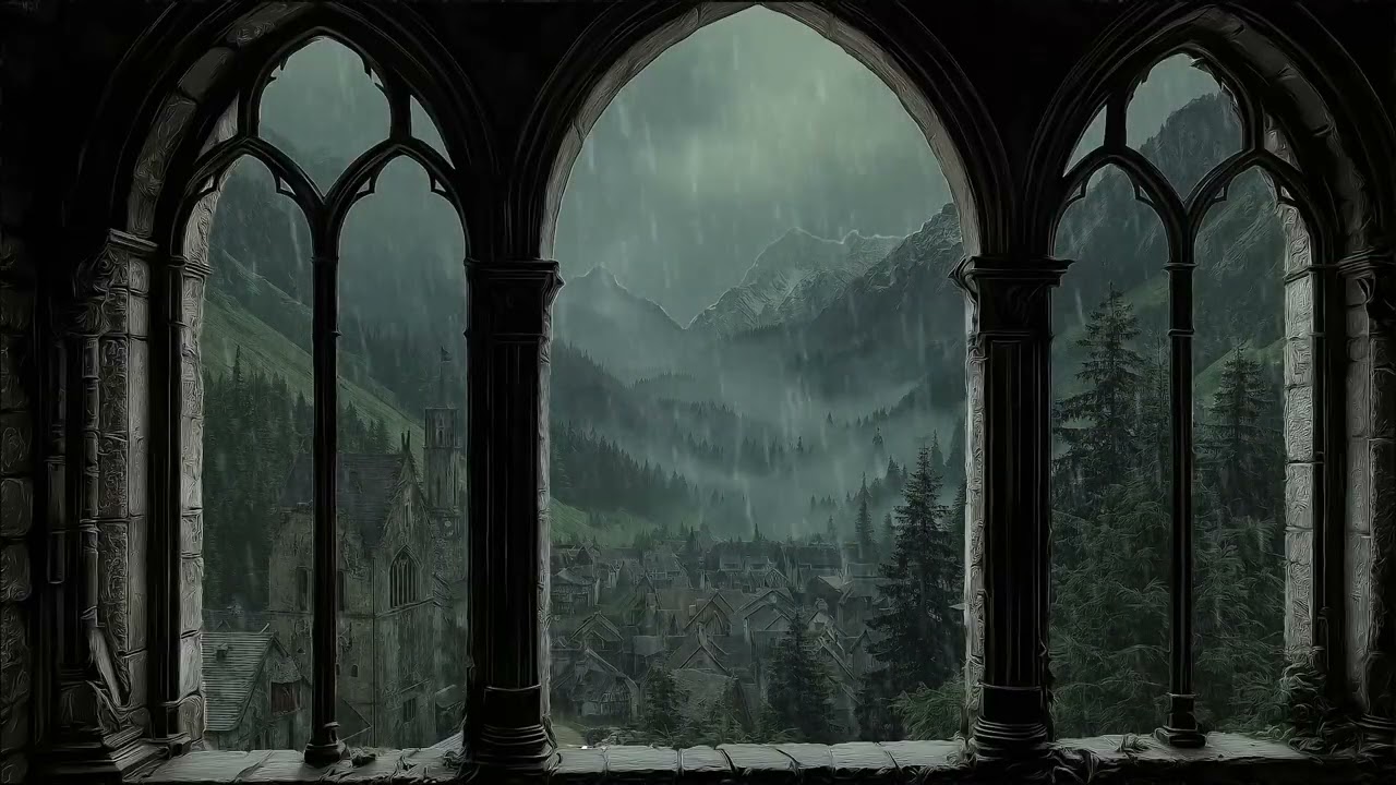 Rainy Medieval Castle Window Ambience | Cozy Thunderstorm Sounds for Reading, Relaxing & Focus