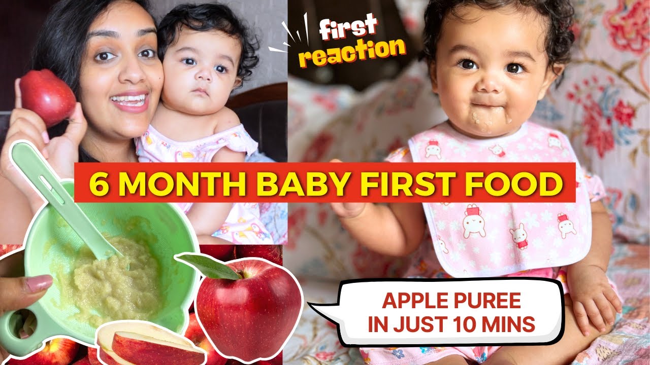 My 6 Month Baby's FIRST REACTION to Solid Food 🍎 Homemade Apple Puree (BABY FOOD RECIPE)