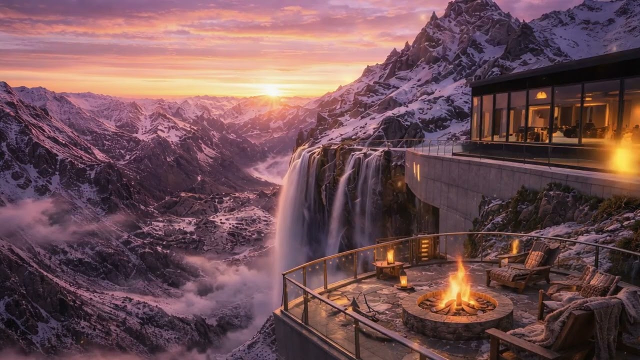 Epic Mountain Sunset 🔥🏔️ Cozy Cliffside Fireplace & Waterfall View – 10 Hours Relaxing Screensaver