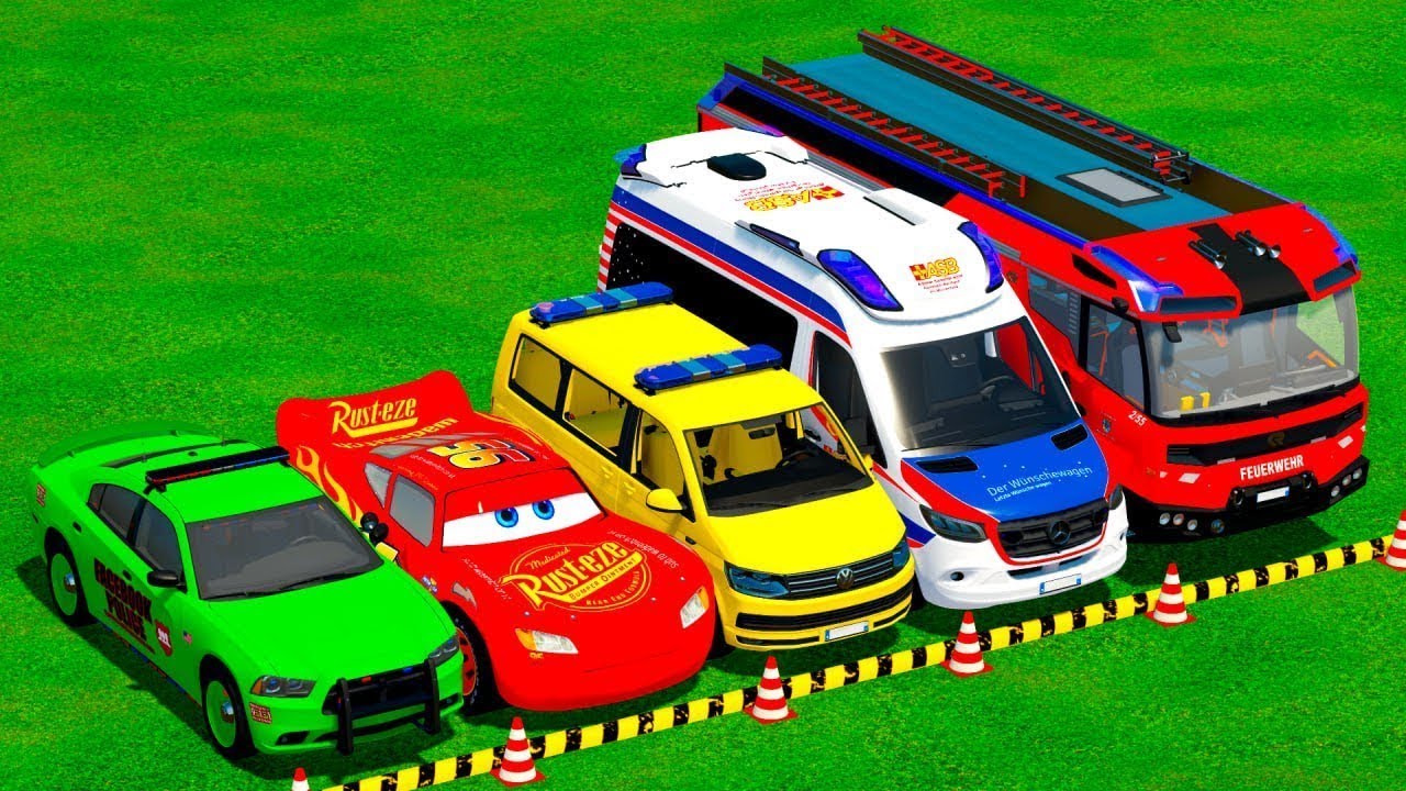 TRANSPORTING PIXAR CARS & FRUITS WITH COLORED & JOHN DEERE vs CLAAS vs TRACTORS - BeamNG.drive 