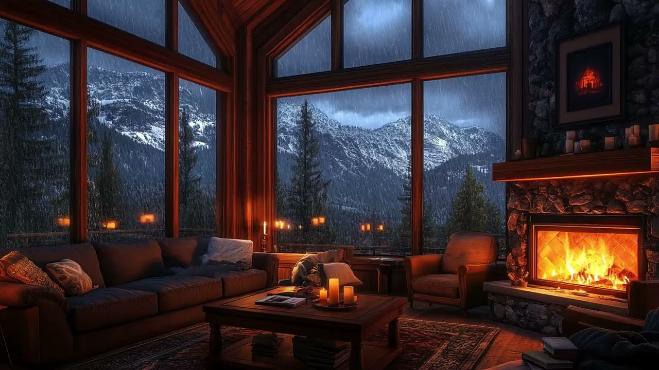 Rainstorm and Crackling Fireplace Sounds | Healing Night Ambience for Calm Mind and Rest