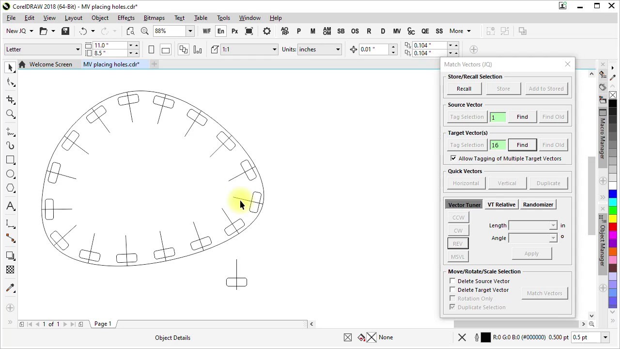 CorelDRAW macros - holes inset from the edge of a part - Match Vectors and Circles On Curves