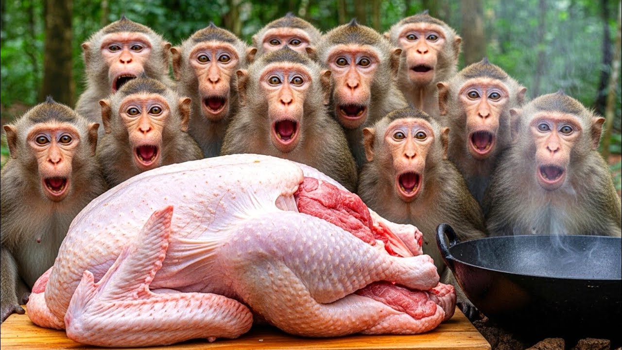 GIANT Turkey Fry in Jungle!|10 Monkeys Cook Giant Turkey in Big Kadai|Authentic Village Style Recipe