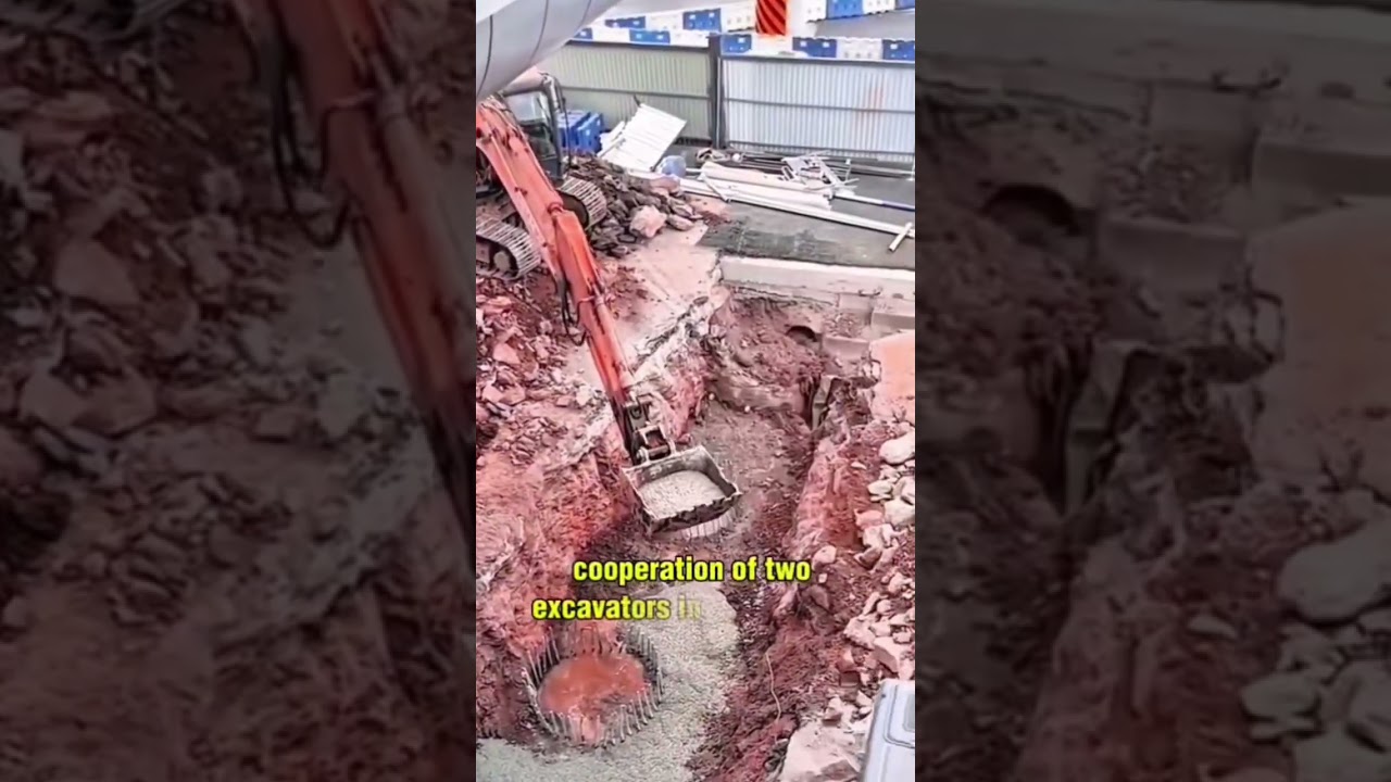 cooperation of two excavators in casting the foundation #shorts