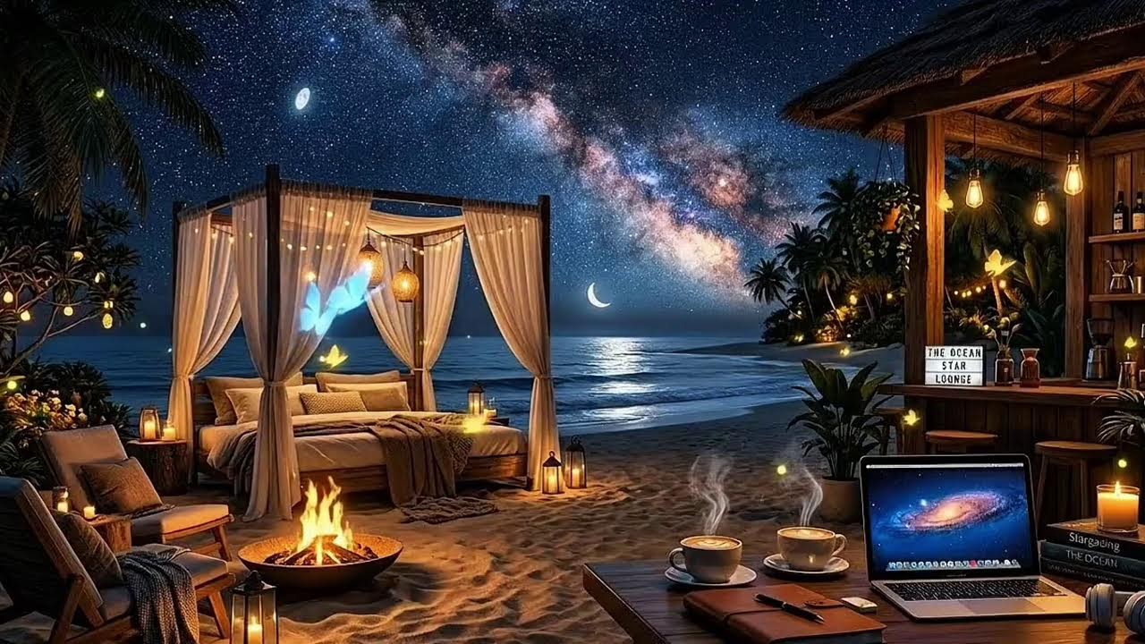 Relaxing Today's Spring Cozy Coffee Shop  on the Beach with Jazz Piano Instrumen  Music for WORK