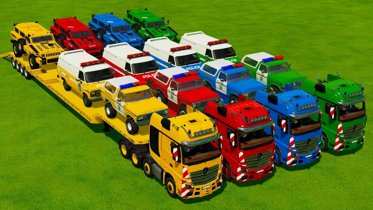 TRANSPORTING POLICE CARS & ARMOURED VEHICLES WITH MERCEDES ACTROS SLT TRUCKS! Farming Simulator 22