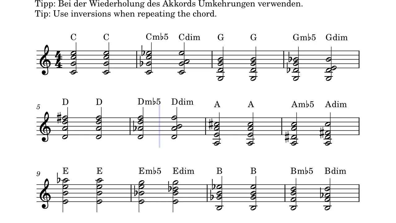 chords - diminished chords along the circle of fifths clockwise on piano