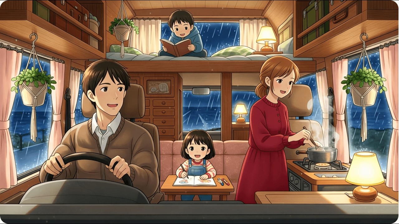 A Rainy Day in Our Mobile Home: Cozy Moments Together | Ghibli-Style Video