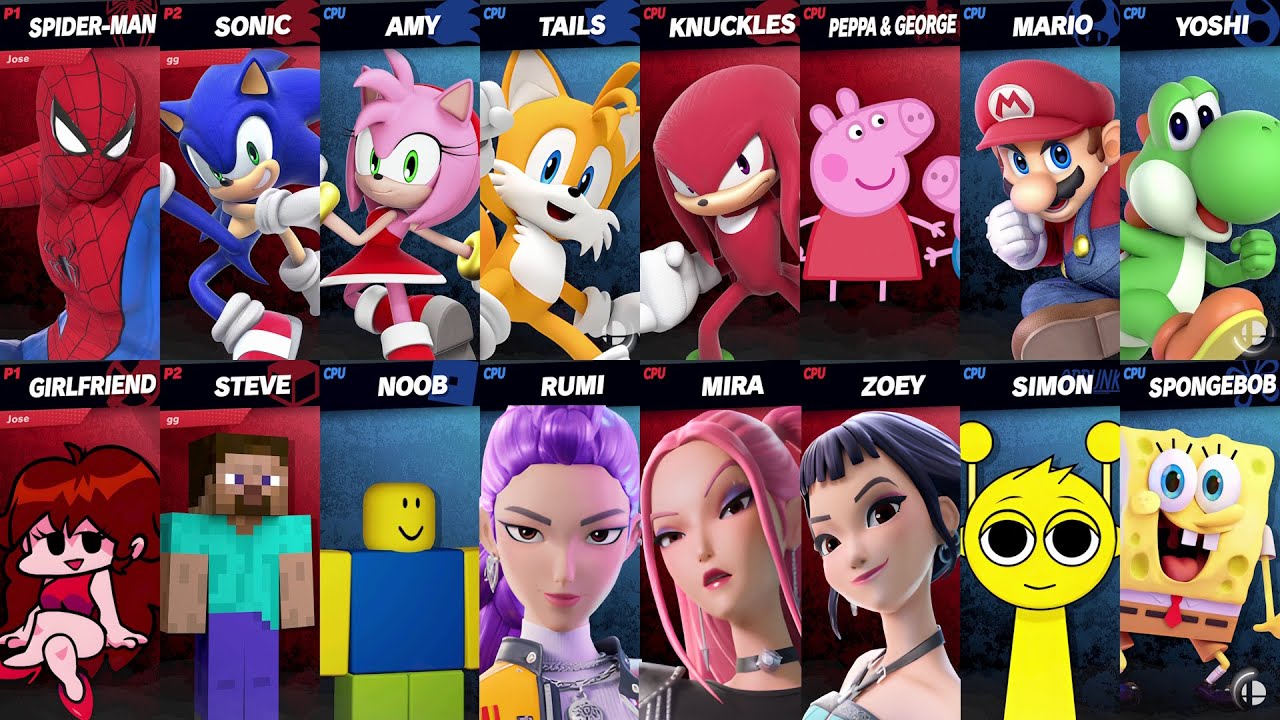 NEW Sonic vs Mario vs Roblox vs Minecraft vs Peppa vs Spiderman vs Steve | Super Smash Bros Ultimate